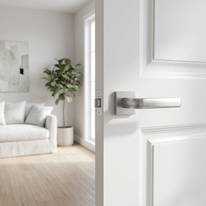 Mela - Satin Chrome Timeless square internal door handles in a brushed satin chrome finish from the Mela on Square Rosette collection, installed on a classic white interior door.