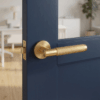 Molinia on Round Rosette matt gold handle on a deep navy door, presenting understated round door handles with premium knurled detailing.