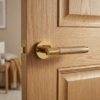 Molinia on Round Rosette in PVD gold finish, showcasing understated round door handles on a natural oak interior door.