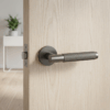 Molinia on Round Rosette titanium handle on a light wood door, featuring understated round door handles with textured grip.