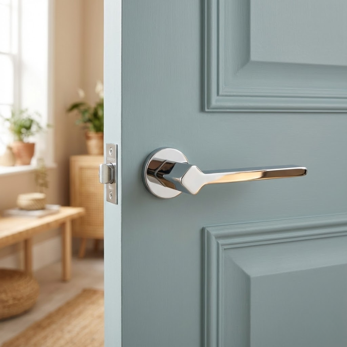 Ninfea on Round Rosette - Polished Chrome Delicate round internal door handles – Ninfea on Round Rosette in polished chrome, fitted to a blue panel door in a bright modern interior.