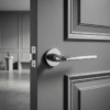 Polished chrome Oleandro on Round Rosette installed on a grey panel door, reflecting the modern shine of these versatile round internal door handles.