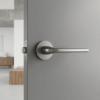 Titanium Oleandro on Round Rosette featured on a grey door, presenting the contemporary tone of these versatile round internal door handles.