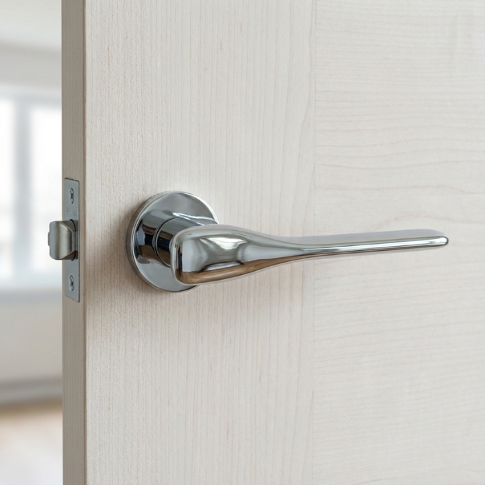 Orchide - Polished Chrome Polished chrome Orchide on Round Rosette displayed on a light wood door, highlighting elegant curved door handles with a reflective finish.