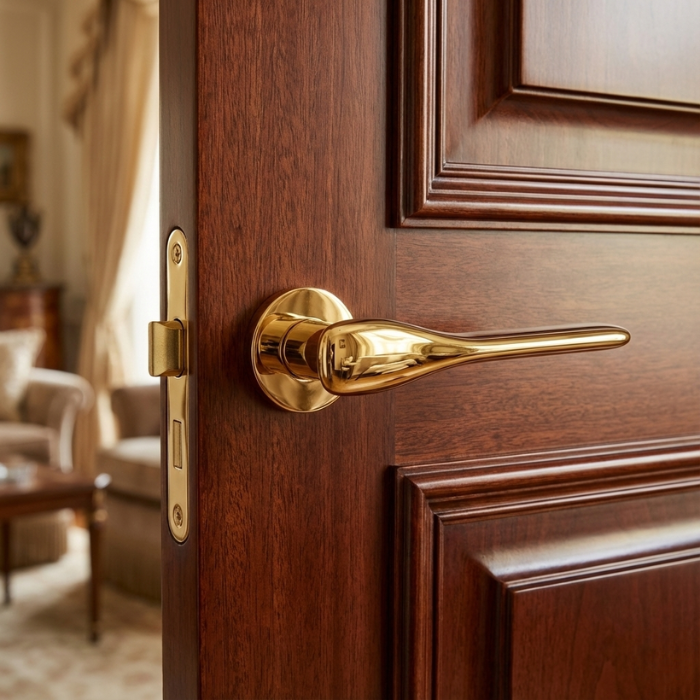 Orchide - Polished Gold Polished gold Orchide on Round Rosette mounted on a rich wood door, presenting elegant curved door handles with a luxurious look.
