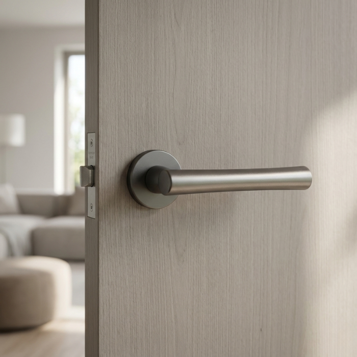 Papavera - Graphite Papavera on Round Rosette in graphite finish, showcasing classic round door handles on a light wood internal door.