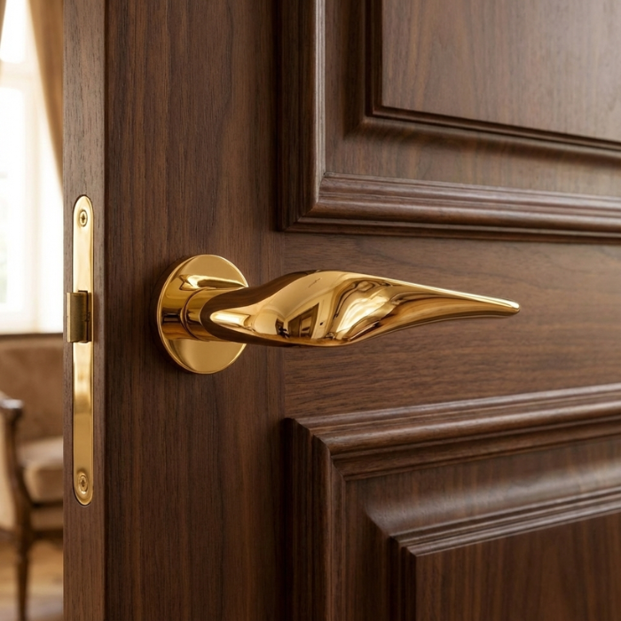 Petunia - Polished Gold Petunia on Round Rosette in polished gold, highlighting sculpted round door handles on a classic dark wood panel door.