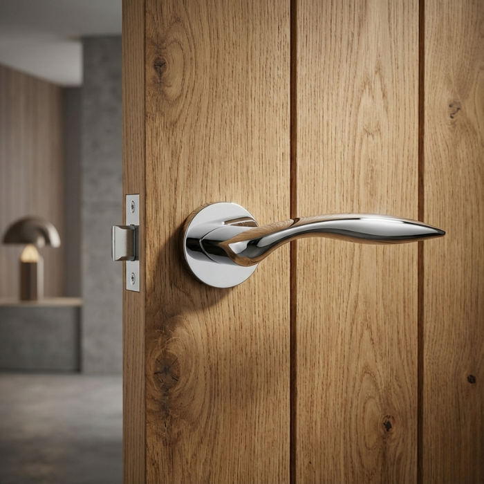 Robinia - Polished Chrome Robinia on Round Rosette in polished chrome, minimalist round internal handles fitted to a natural wood internal door.