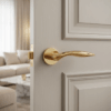 Robinia on Round Rosette in polished gold, minimalist round internal handles shown on a neutral paneled interior door.