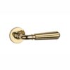 Tev Handles presents the Utrica on Round Rosette by Aprile, a polished gold PVD luxury door handle ideal for premium indoor spaces and elegant modern interiors.