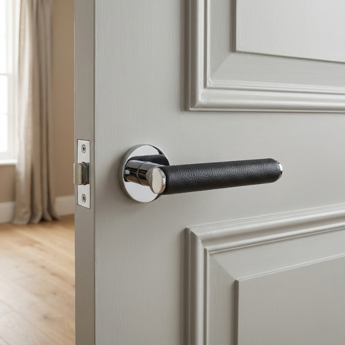 Egeria - Polished Chrome and Black Leather Egeria on Round Rosette in polished chrome with black leather grip, highlighting premium internal door handles on a grey panel door.