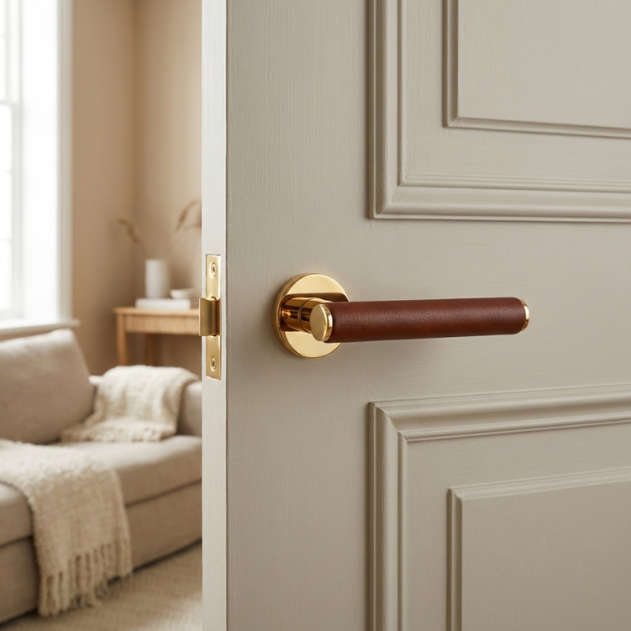 Egeria - Polished Gold and Brown Leather Egeria on Round Rosette in polished gold with brown leather grip, presenting premium internal door handles on a classic panelled door.