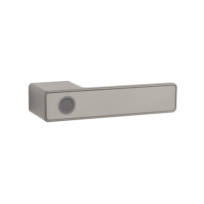 klamka-aprile-mahonia-rozeta-rth-lock-gym-right Right-hand Mahonia smart fingerprint door handle in brushed metal finish by Aprile, featuring integrated biometric access scanner.