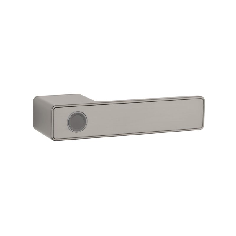 Right-hand Mahonia smart fingerprint door handle in brushed metal finish by Aprile, featuring integrated biometric access scanner.