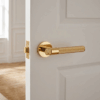 Gloria on Round Rosette in polished gold, featuring modern brass door handles with a textured knurled grip on a white interior door.