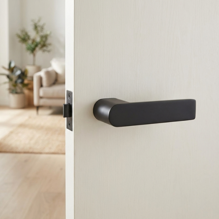 Sorella - Matt Black - Off White Door Sorella on Hidden Rosette in matt black, featuring a contemporary door handle design on a light interior door.