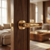 Stella on Rounded Square Rosette in polished gold, elegant modern round square door handles fitted to a rich wooden door.