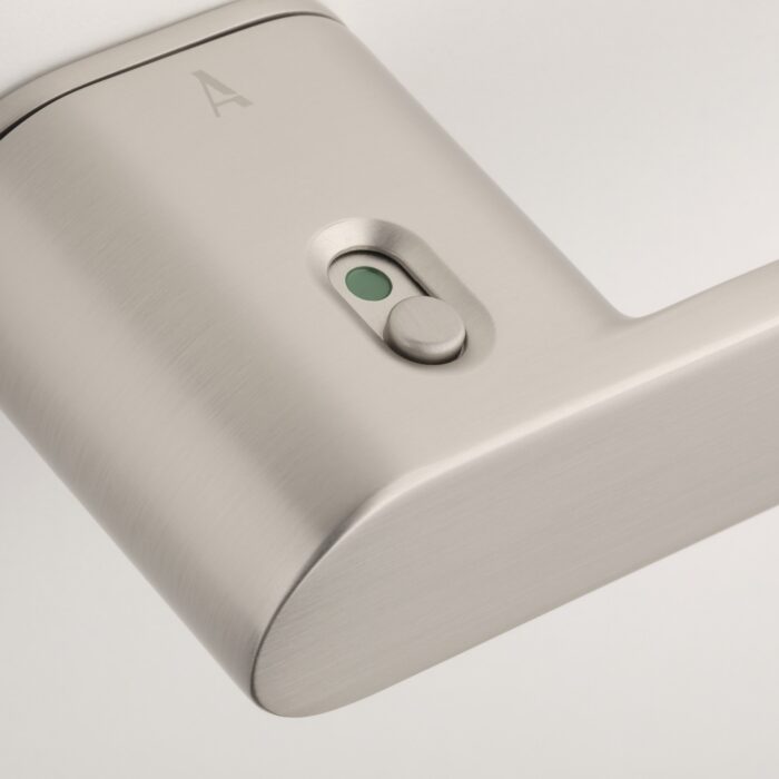 Ludisia Right Hand Lock - Unlocked Close Up Sorella on Hidden Rosette in satin nickel showing close-up of built-in lock with green unlocked indicator.