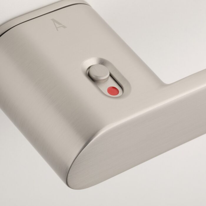Ludisia Right Hand Lock - Locked Close Up Sorella on Hidden Rosette in satin nickel showing close-up of built-in lock with red locked indicator.