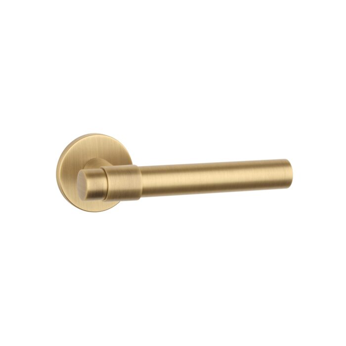 Bellisa on round rosette in Antiqua Patina – contemporary internal door handle with a warm aged finish.