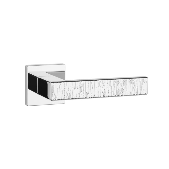Amarylia on Square Rosette – modern designer door handle for internal doors in polished chrome with textured grip.