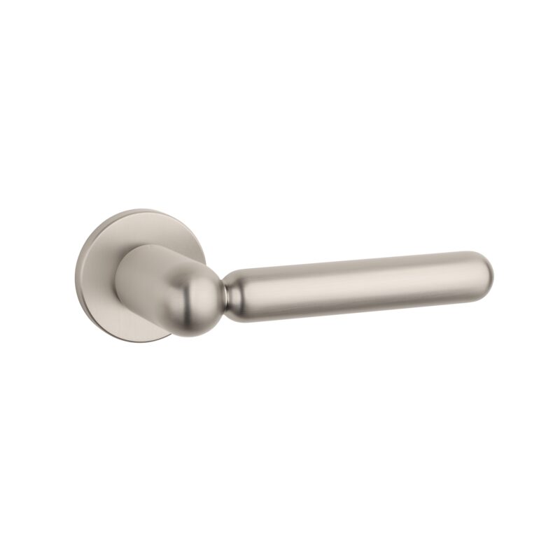 Rubia on Round Rosette in Satin Nickel – modern rounded internal door handle with a smooth satin finish.