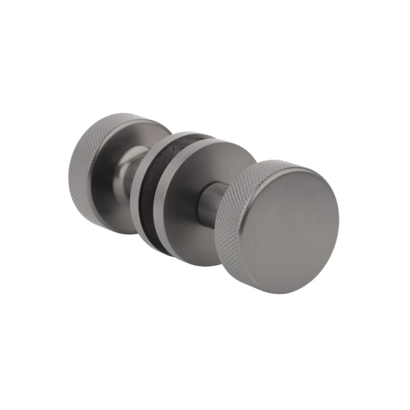 Sophisticated titanium Tuja textured round door knob with a deep grey metallic finish and a double-sided moveable mechanism.